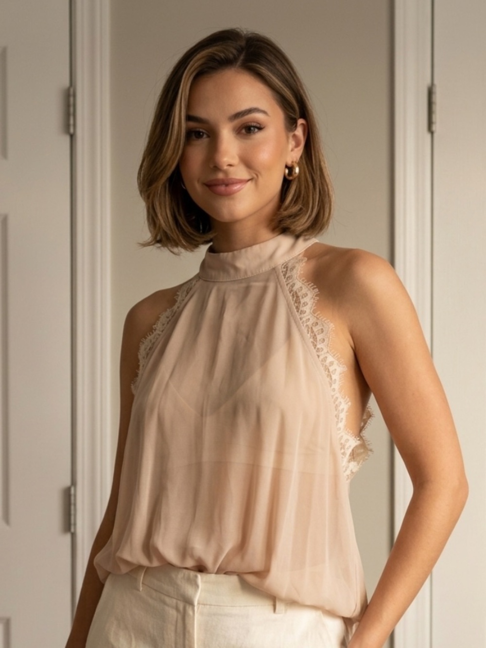 AISHOP Nude Sheer Chiffon Halter Top w/ Eyelash Lace Trim - Medium